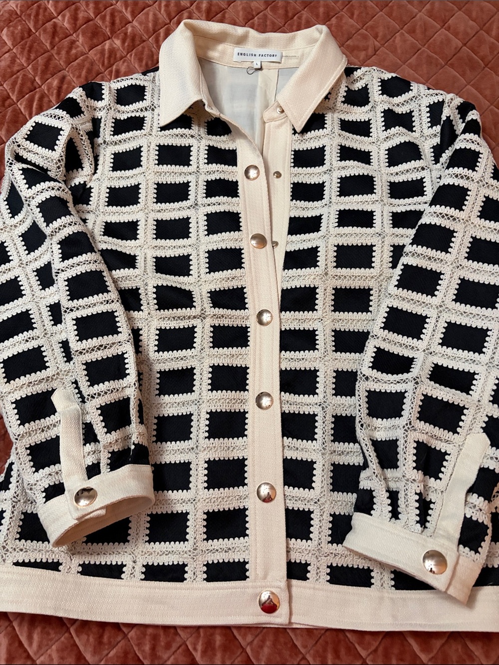 English Factory Black and Cream Grid Knit Button-Front Cardigan